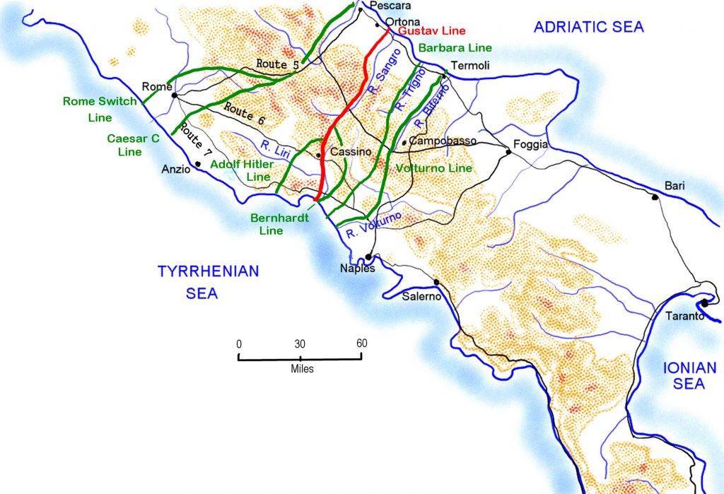 Karte Gustav-Linie, stark vereinfacht (Grafik: Wikipedia, Stephen Kirrage CC BY-SA 3.0)